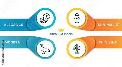 city park outline icons with infographic template. thin line icons such as mussel, goose, fire hydrant, statue vector.