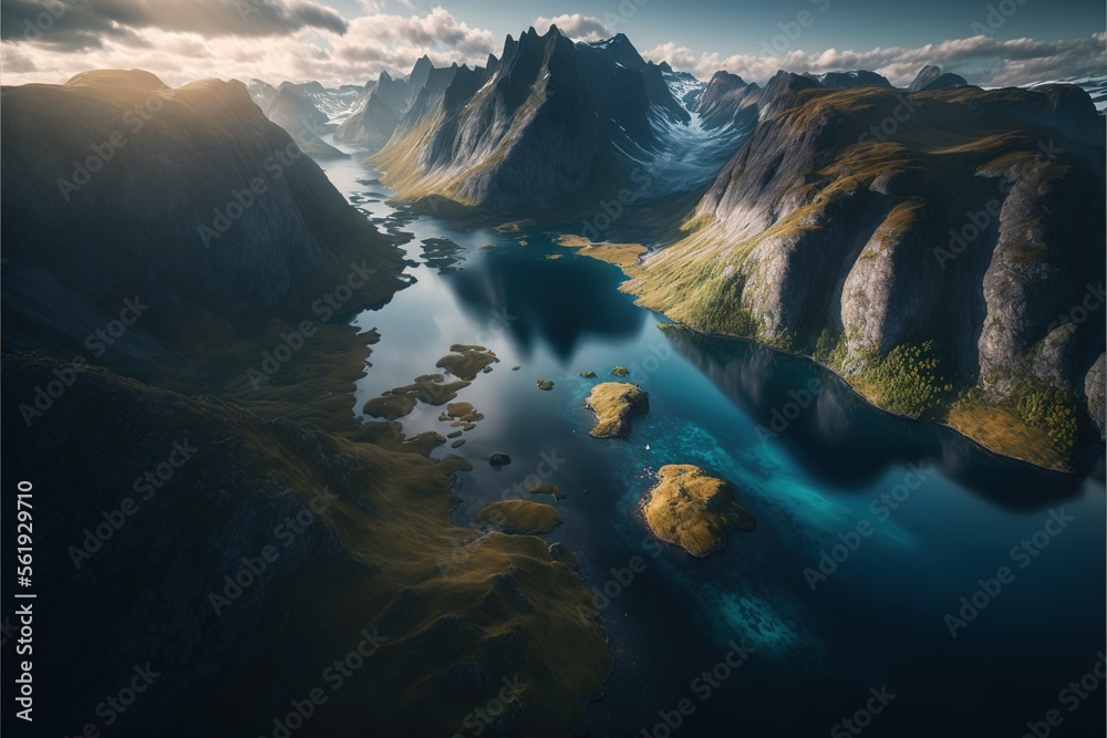  a computer generated image of a mountain lake and mountains in the distance with a sun shining on the water and clouds in the sky above it, and below the water, and below the. Generative AI 