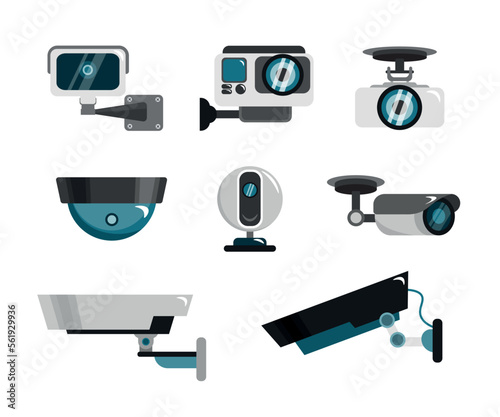 Set of innovative surveillance cameras in cartoon style. Vector illustration of anti-theft protection in shops, homes and businesses on white background.