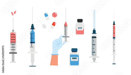 Set of white syringes in cartoon style. Vector illustration of syringes of different shapes and with different vaccines, vitamins and other medications on white background.