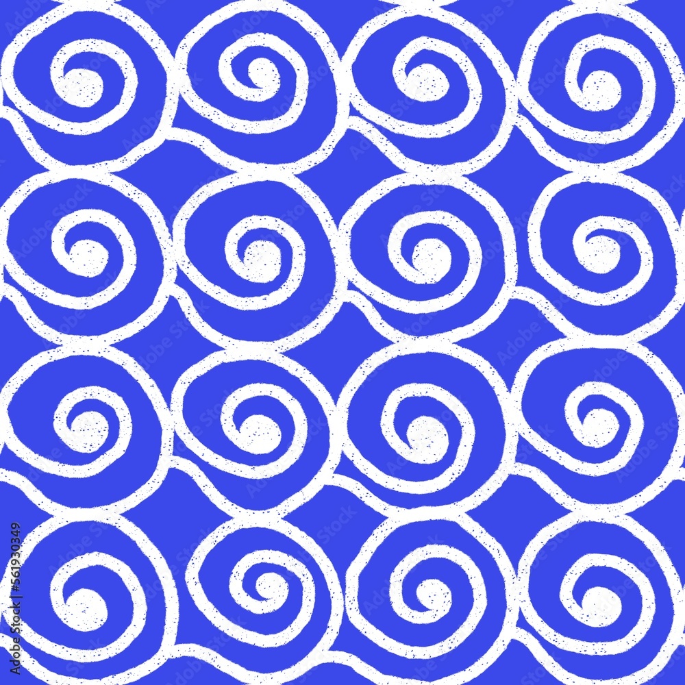 Hand drawn seamless pattern with decorative spirals. White and dark blue texture with waves. Pencil scribbles. Marine linear pattern. Navy print
