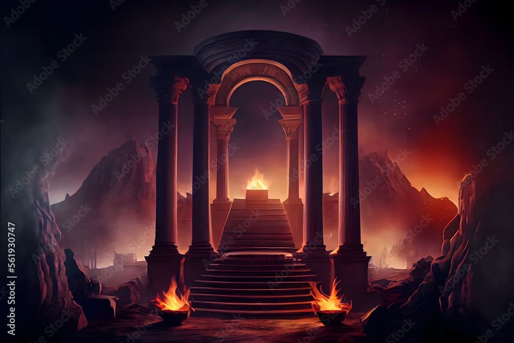 Obraz premium The eternal fire, dark atmospheric landscape with stairs to ancient columns and font of fire, fantasy background