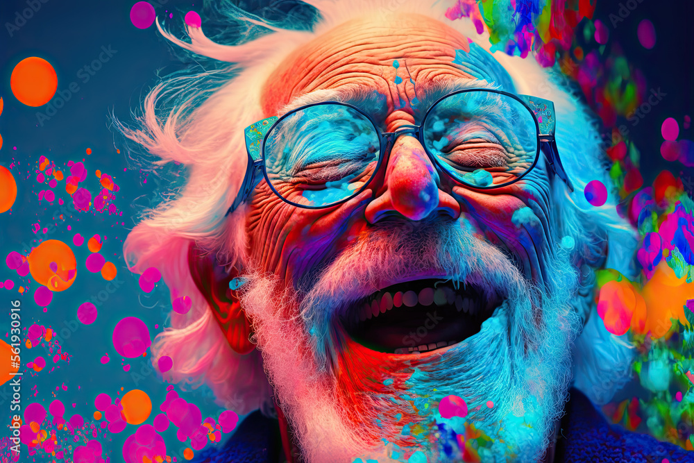Generative AI illustration of a laughing old man in pop art style. artwork