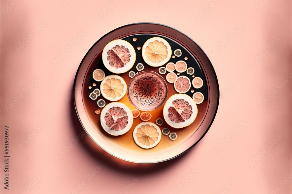 a plate of food with a variety of fruits on it on a pink background with a pink border around it and a pink background with a pink border around the edges and a white border. Generative AI a plate of food with a variety of fruits on it on a pink background with a pink border around it and a pink background with a pink border around the edges and a white border. Generative AI