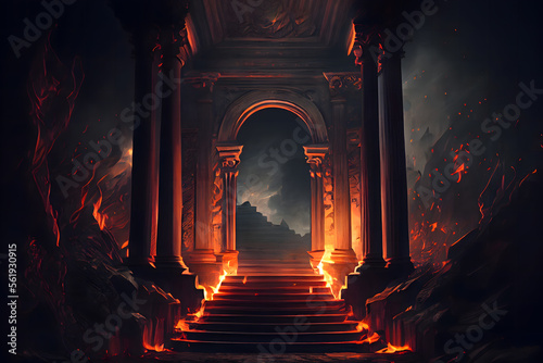 The eternal fire  dark atmospheric landscape with stairs to ancient columns and font of fire  fantasy background