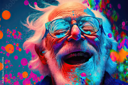 Generative AI illustration of a laughing old man in pop art style. artwork