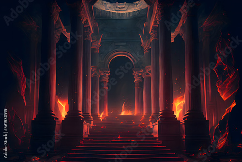 The eternal fire  dark atmospheric landscape with stairs to ancient columns and font of fire  fantasy background