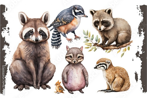  a group of animals that are sitting on a tree branch together, including a raccoon, a bird, a raccoon, a raccoon, and a bird, and a bird. Generative AI 