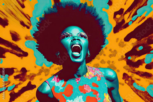 Generative AI illustration of an afro woman screaming in pop style.Artwork photo