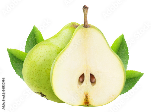 Halved green pear fruits cut out