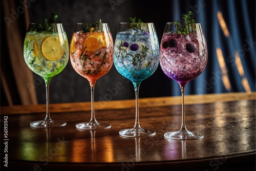  a row of wine glasses filled with different colored drinks on a table top with a blue curtain in the background and a wooden table with a wooden table and blue curtain behind it. Generative AI 