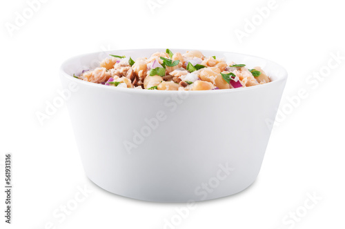 Cooked salmon white bean red onion salad in a bowl on a white isolated background
