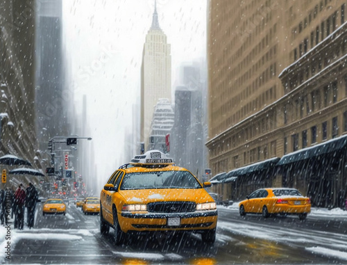 Yellow Taxi cars in New York during a blizzard with people walking on sidewalk, copy space. Illustration created with Generative AI technology