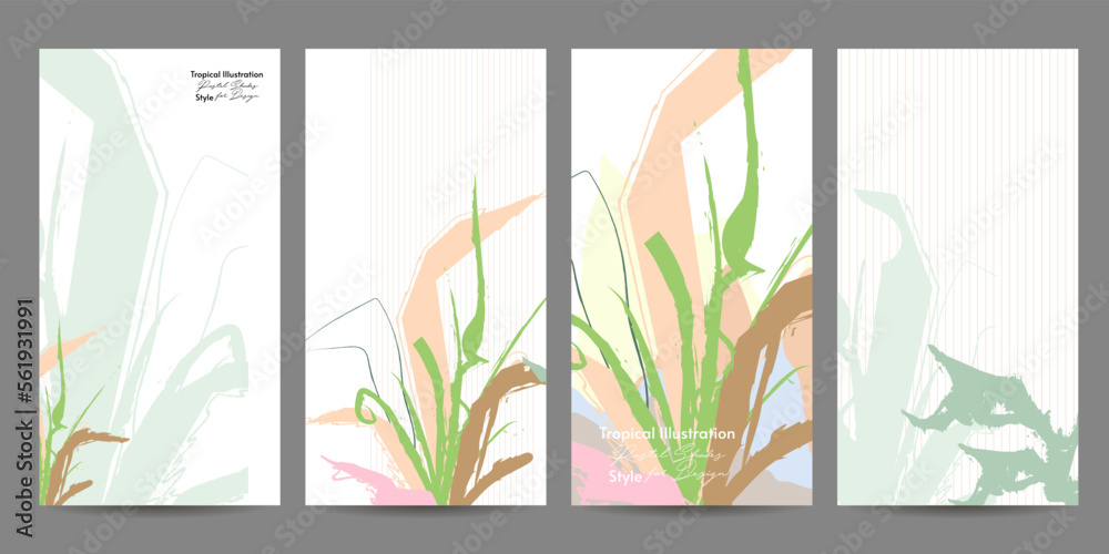 Tropical illustration leaves Painting art pastel muted pale calm tones card templates set. Collection set of romantic invitations