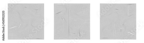 Digital texture collection of curved grid squares. 3d wave pattern with the effect of illusion. Big data visualization. Vector illustrations.
