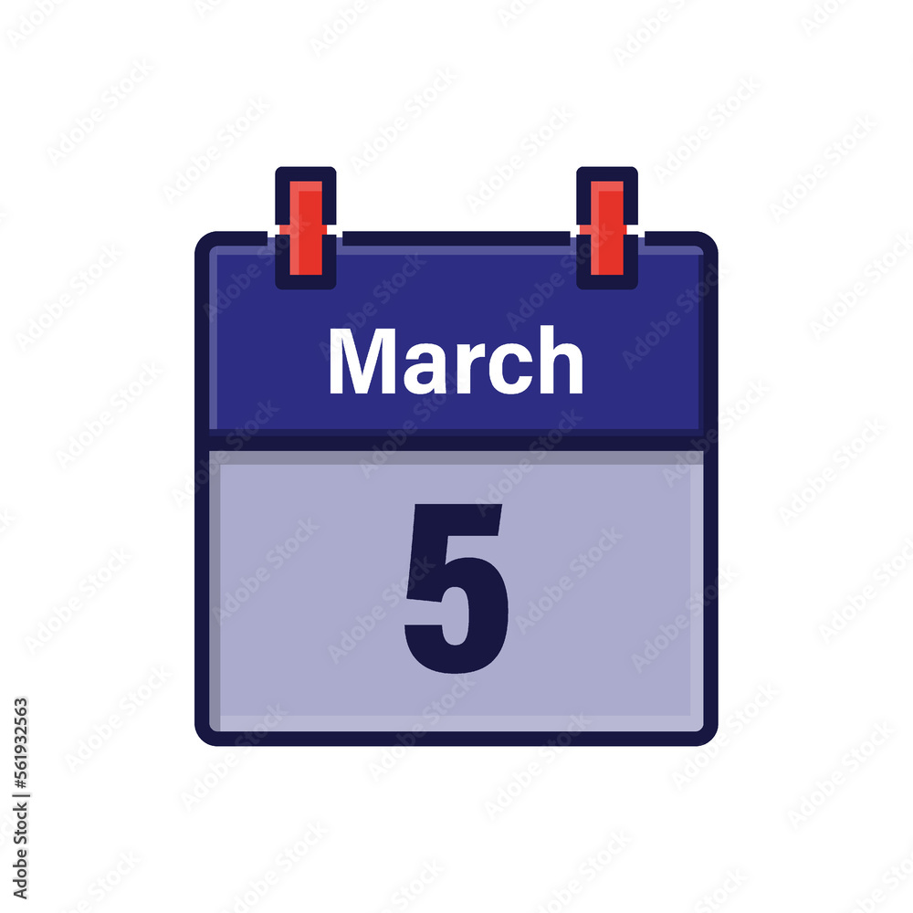 March 5, Calendar icon. Day, month. Meeting appointment time. Event schedule date. Flat vector illustration. March 5, Calendar icon. Day, month. Meeting appointment time. Event schedule date. Flat vector illustration.