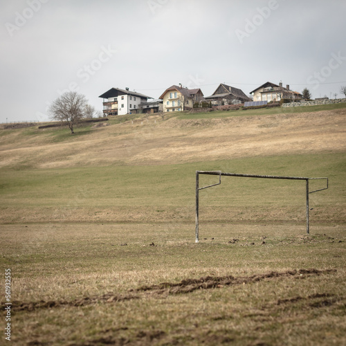 empty neglected soccer goal on an empty field