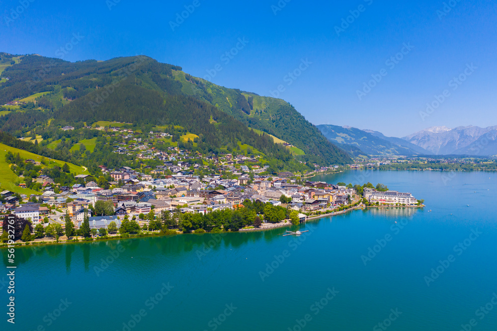 View over lake Zeller to Zell am See town. Beautiful panorama of Zell am See in Tirol Alps in Austria.