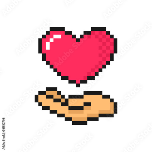 Hand with heart in palm pixel icon. Love vector symbol, isolated on white background sign