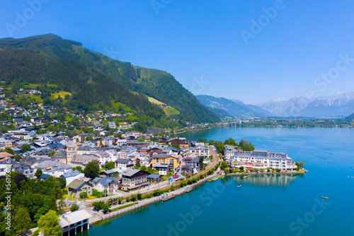 View over lake Zeller to Zell am See town. Beautiful panorama of Zell am See in Tirol Alps in Austria. © Mislav