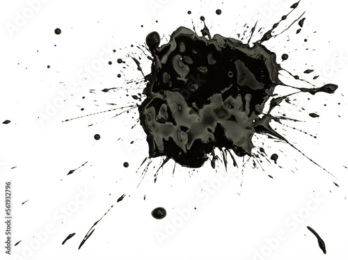 Closeup of shapeless black ink blot on white background..