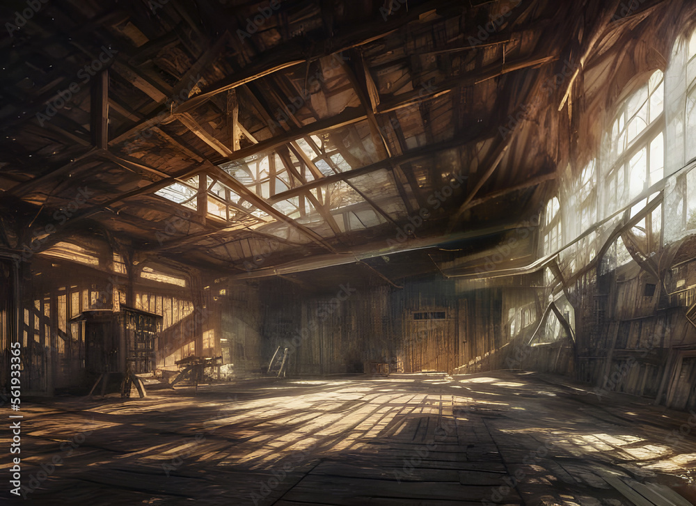 Fototapeta The interior of a large derelict deserted old wooden rural barn with atmospheric sunlight coming through windows and scattered farm equipment. generative ai art