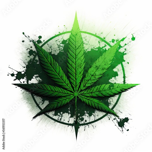 Cannabis leaf icon. Green silhouette indica sativa isolated white background splashed with water colors. Herbal medicine herb plant. Natural weed hemp. Marijuana design generative ai illustration
