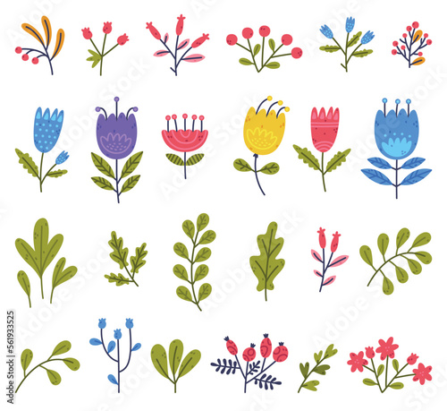 Floral Twigs with Blooming Flower and Green Leaf as Cute Foliage Vector Set