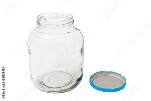Empty Pickle Jar From Above With Blue Lid By It.