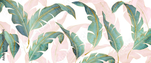 Luxury abstract art background with palm leaves in blue and pink tones. Botanical banner with exotic leaves for decoration, print, wallpaper, textile, interior design.