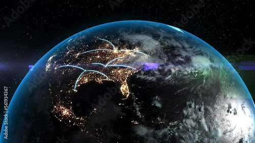 Global connecting lines, visualization of data exchange, digital global network, world communications. Space view of north america at night. High quality 4k footage photo