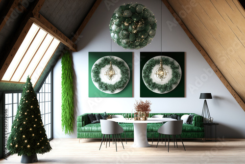 In a loft with a green wall and a decorated Christmas tree, there are bannners with circular crystal chandeliers. Generative AI photo