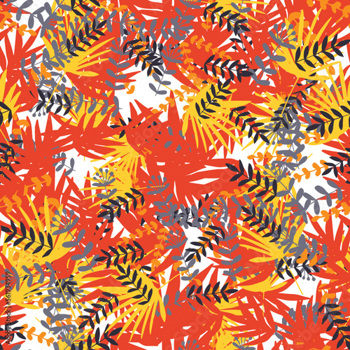 Abstract colorful doodle seamless pattern with leaves, plants, branches. Messy fantasy floral background.