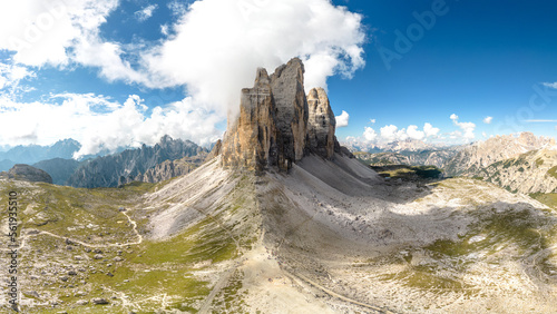 Drei Zinnen   Tre Cime di Lavaredo in Italy Tirol Dolomites drone view