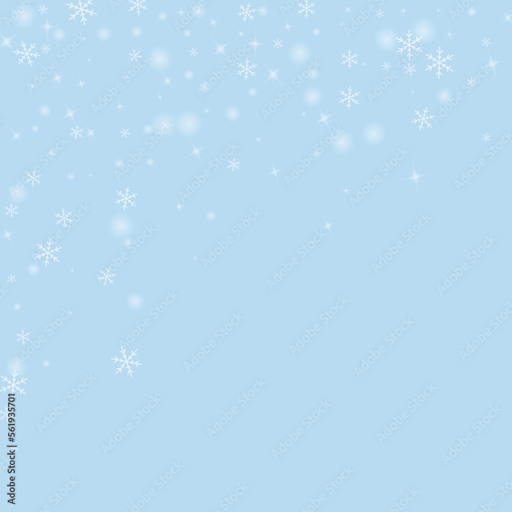 Beautiful snowfall christmas background. Subtle flying snow flakes and stars on light blue winter backdrop. Beautiful snowfall overlay template. Square vector illustration.