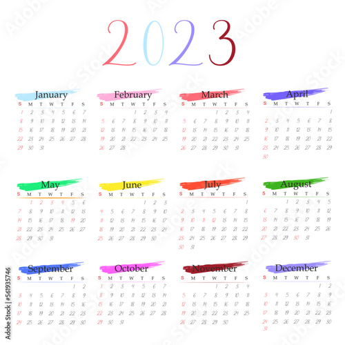 Year 2023 colorful calendar template vector illustration. Week starts sunday