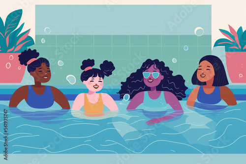 Diverse group of women swimming in pool, jacuzzi, sauna. Flat vector art illustration, generative art