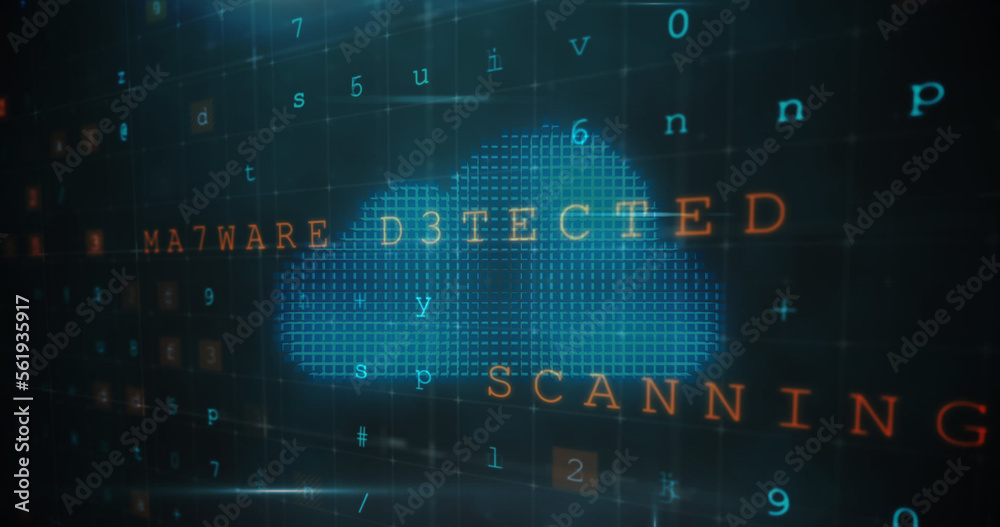 Image of digital cloud, virus warning and data processing on dark background Image of digital cloud, virus warning and data processing on dark background