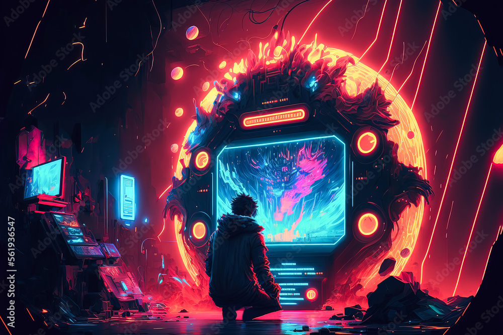 Unique wallpaper is the gamer of the future. Awesome picture of the arcade  machine with neon lights and bright effects. Future of gaming concept.  Generative AI ilustração do Stock