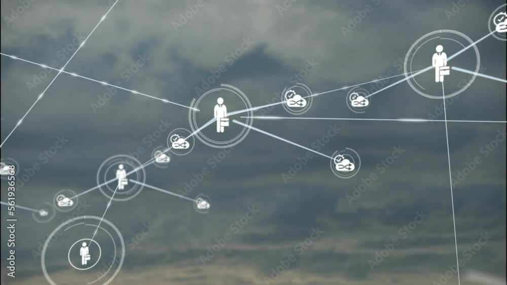 Animation of network of profile icons against clouds in the blue sky Animation of network of profile icons against clouds in the blue sky