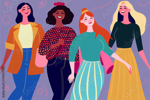 Diverse group of cheerful young women shopping. Purple background. Flat vector art illustration, generative art