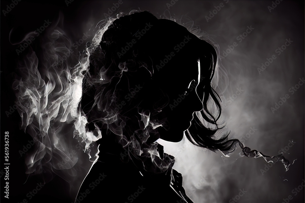 silhouette of person smoking - blowing smoke in the shadows, conceptual design by generative AI 