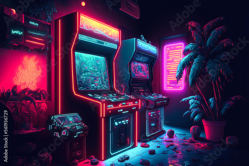 Fotografia Awesome picture of the arcade machine with neon lights and bright effects