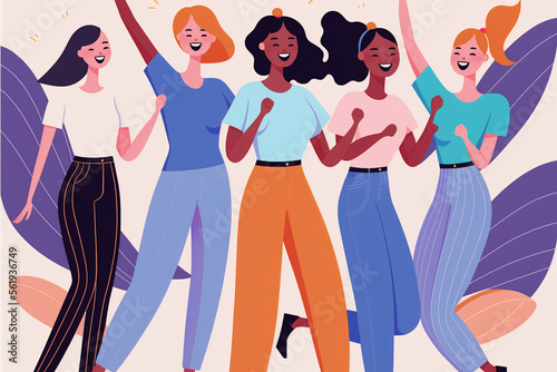 Diverse group of women dancing and celebrating. Flat vector art illustration, generative art
