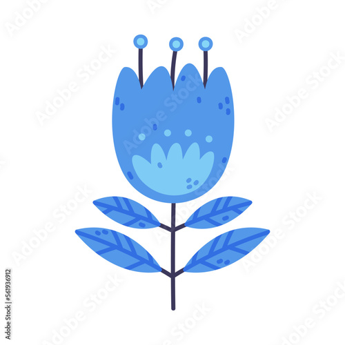 Floral Twig with Blue Flower Bud and Leaves as Cute Foliage Vector Illustration