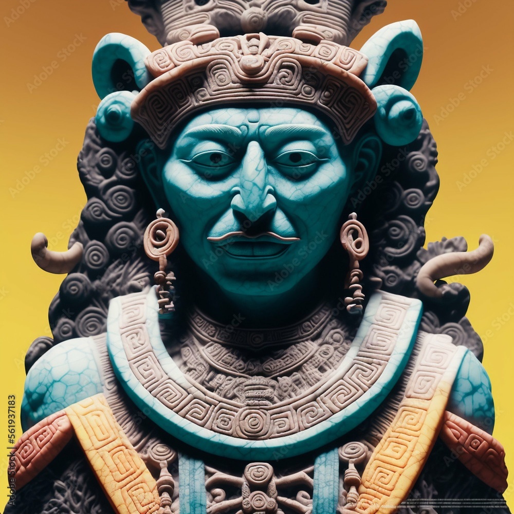 Obraz premium portrait of a warrior, a leader, in gold and stone, the ancient Maya people, fantasy, ai