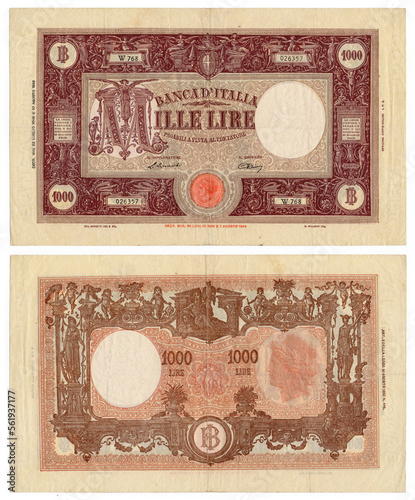 Mille Lire (thousand lire) old italian vintage banknote for collectors and historical artifact, Italy, year 1945 photo