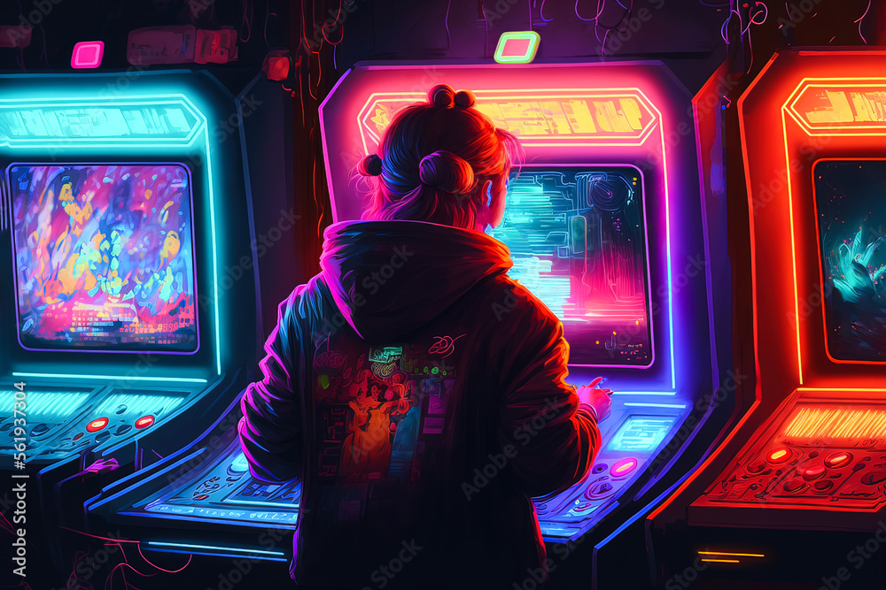 Unique wallpaper is the gamer of the future. Awesome picture of the arcade  machine with neon lights and bright effects. Future of gaming concept.  Generative AI ilustração do Stock