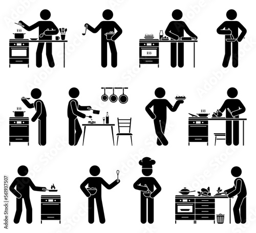 Stick figure man cooking home kitchen vector illustration set. Stickman person preparing breakfast, lunch, dinner icon silhouette pictogram