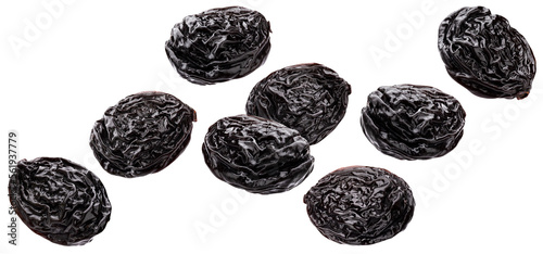 Falling prunes isolated on white background